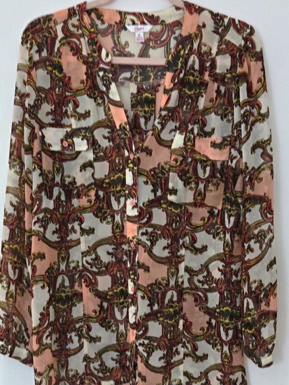 Candie's Women's XL Pink/Multicolor Paisley Button-Front Long Sleeve Blouse